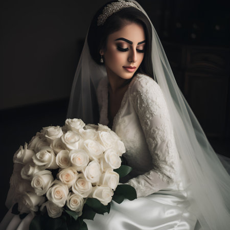 Portrait of a beautiful bride with a bouquet of flowers.の素材