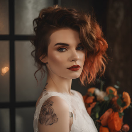 Portrait of a beautiful young woman with red hair and makeup.の素材