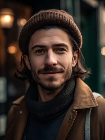 Portrait of a handsome young man with a beard and mustache in a brown coat and beret.の素材