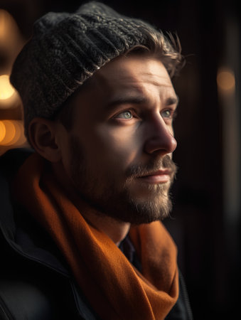 Portrait of a handsome young man with a beard in a warm hat and scarf.の素材