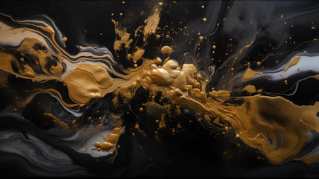 Black and golden liquid texture. Ink marble pattern. 3d render illustrationの素材