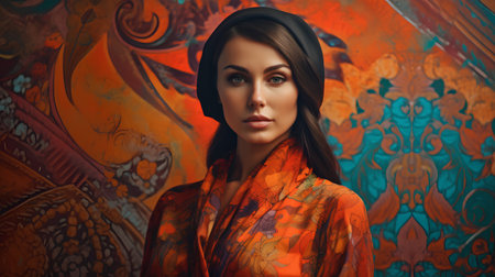Fashion portrait of young beautiful brunette woman in orange clothes.の素材