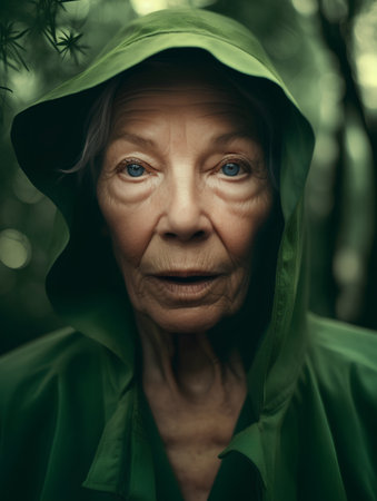 Portrait of senior woman in green raincoat, looking at camera.の素材