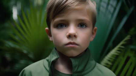 Portrait of a little boy in a green raincoat in the jungleの素材