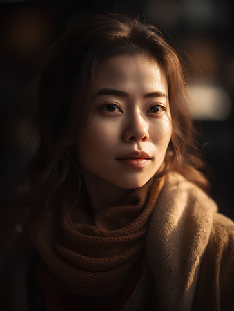 Portrait of a beautiful young woman in a warm sweater and scarf.の素材