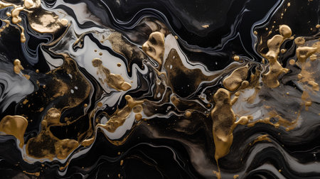 Black and gold liquid texture. Watercolor hand drawn marbling illustration. Golden marble pattern.の素材