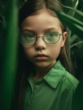 Portrait of a beautiful little girl in glasses and a green shirt.の素材