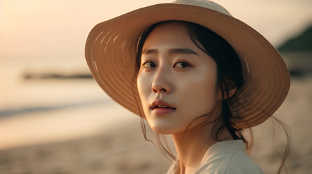 Beautiful asian woman wearing hat on the beach at sunset.の素材