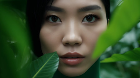 Portrait of a beautiful asian woman with green leaves in the backgroundの素材