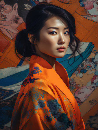 Beautiful asian woman in orange kimono, closeup portraitの素材