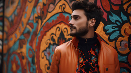 Portrait of a handsome young man in an orange jacket on a colorful graffiti background. Men's beauty, fashion.の素材