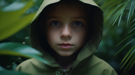 Portrait of a child in a raincoat in the forest.の素材