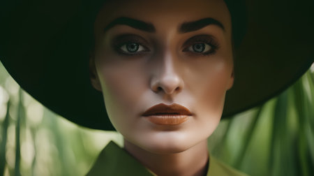 Portrait of a beautiful woman in a hat on a green background.の素材
