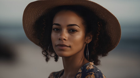 Portrait of a beautiful african american woman in hat on the beachの素材