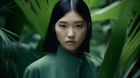 Beautiful asian woman in a green raincoat in the jungleの素材