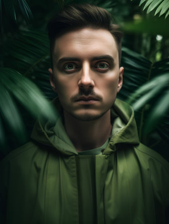 Portrait of a handsome young man in a green raincoat. Men's beauty, fashion.の素材