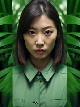 Portrait of asian woman in green shirt with green leaf backgroundの素材