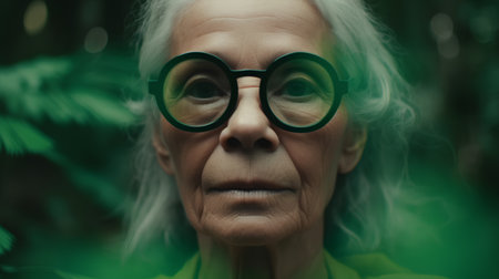Portrait of an elderly woman in green glasses in the forest.の素材