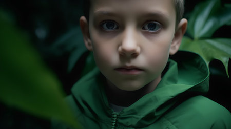 Portrait of a boy in a green raincoat on a dark backgroundの素材