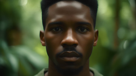 Close up portrait of a young african american man looking at cameraの素材