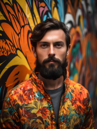 Portrait of a handsome young man with long beard and moustache in colorful jacket on graffiti backgroundの素材