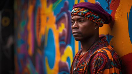Portrait of a young african man wearing traditional clothes and headscarf against colorful graffiti wall.の素材
