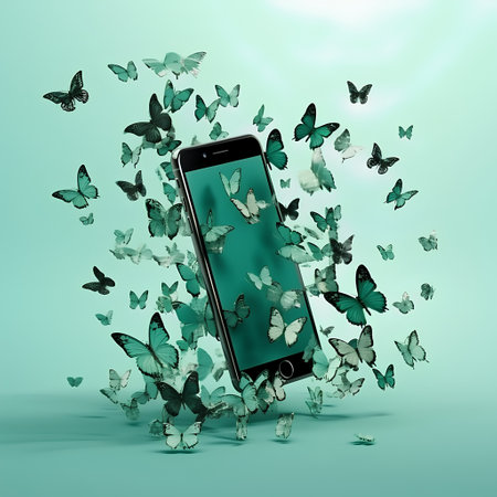 Smartphone with flying butterflies isolated on green background. 3d renderの素材