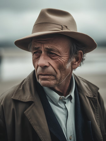 Portrait of an old man with hat on the beach. Outdoors.の素材