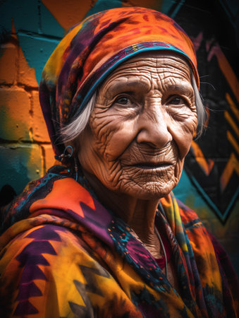 Portrait of the old woman in colorful clothes, Chiang Mai, Thailand.の素材