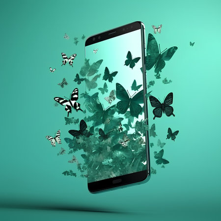 Black smart phone with flying butterflies on green background. 3D rendering.の素材