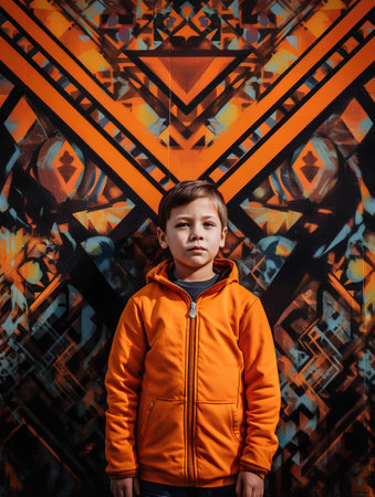 portrait of a boy in an orange jacket on a graffiti backgroundの素材