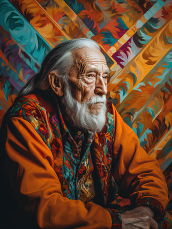 Portrait of an old man with a long white beard and mustache on a colorful backgroundの素材
