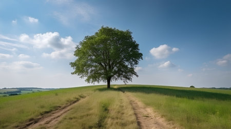 Lonely tree on a meadow in the countryside with blue skyの素材