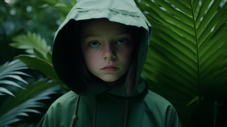 Portrait of a little girl in a green raincoat with a hoodの素材