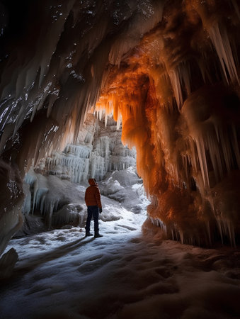 Cave with stalactites and stalagmites in winterの素材