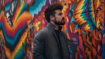 Portrait of a handsome young man in a coat on a graffiti wall backgroundの素材