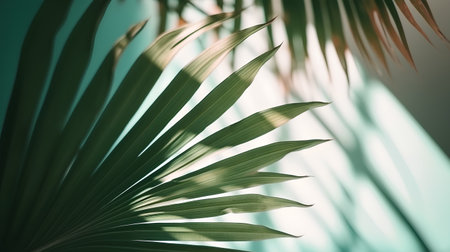 Palm leaf on a green background. Close-up, selective focusの素材