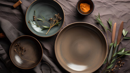Top view of empty ceramic plates, spoons and herbs on tableの素材