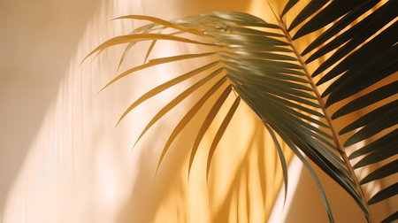 Palm leaves on a yellow background. Tropical palm leaves in sunlight.の素材