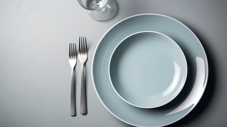 Empty plates and cutlery on a gray background, top viewの素材