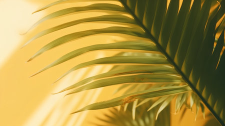 Palm leaf close up on yellow background. Tropical summer background.の素材