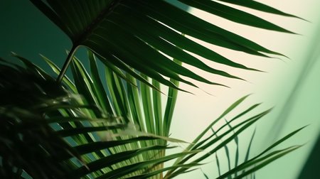 Palm leaves close-up on a green background. Tropical backgroundの素材