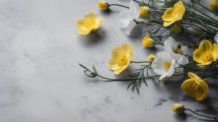 Yellow and white flowers on a gray background. Flat lay, top viewの素材