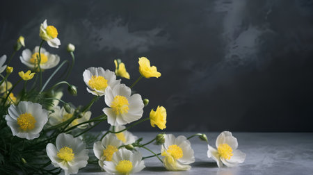 Beautiful bouquet of white spring flowers on a gray background.の素材