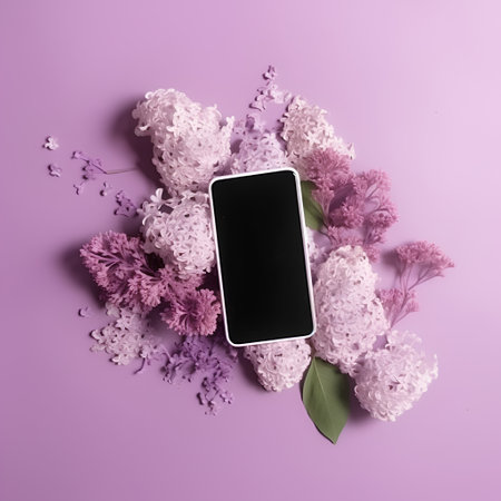 Mobile phone and lilac flowers on purple background. Flat lay, top viewの素材