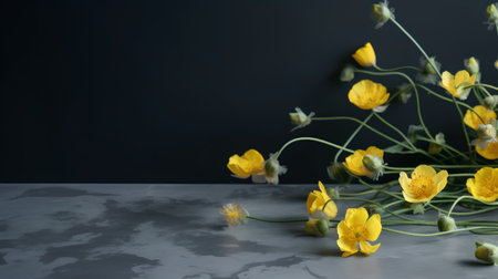 Beautiful yellow buttercup flowers on grey marble table. Space for textの素材