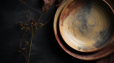 Ceramic plate and dried flowers on a black background. Selective focus.の素材