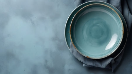 Empty ceramic plate on blue textured background. Copy space for your text.の素材