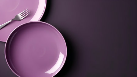 Empty purple plates and cutlery on black background. 3d renderingの素材