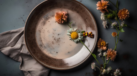 Rustic ceramic plate with wildflowers on grey background. Top view.の素材